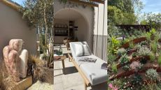 A split of three images featuring marble sculptures, a day lounger and garden plants from the Chelsea Flower Show 2025