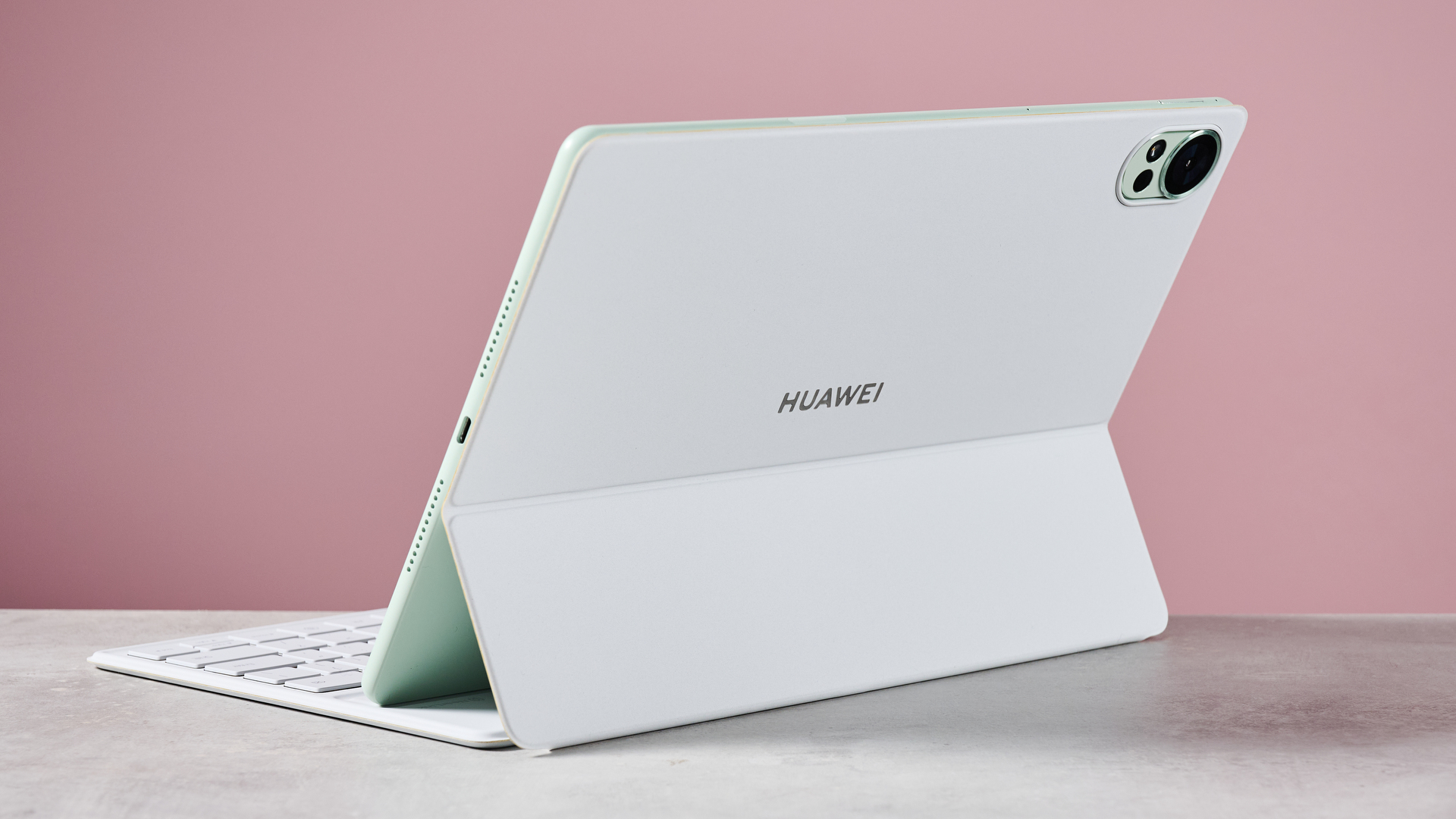 The Huawei MatePad 12X 2025 from behind in its keyboard case, showing its stand and rear camera unit.