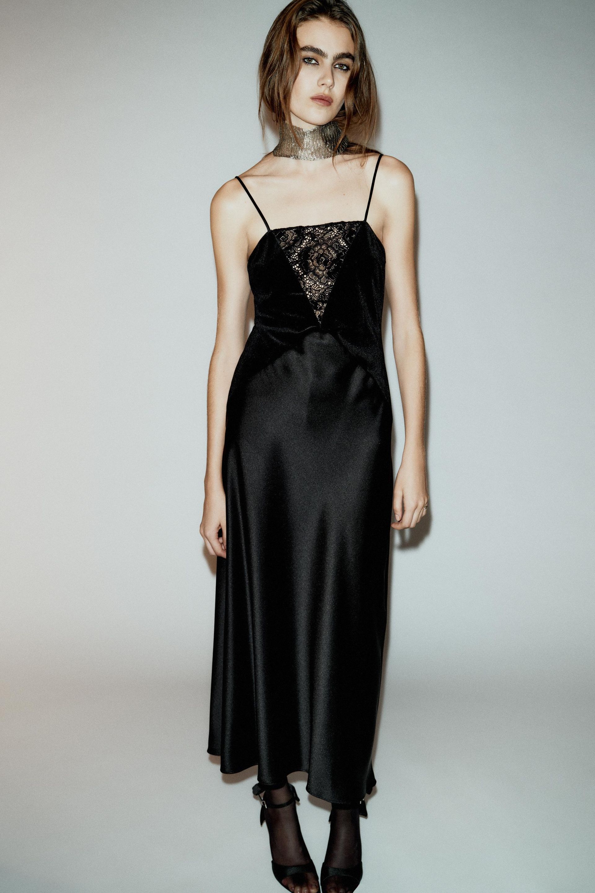Satin Combination Midi Dress