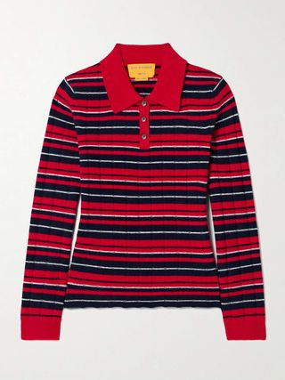 Ribbed Striped Cashmere Polo Sweater