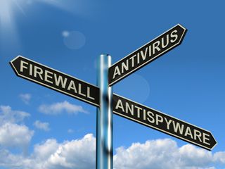 Stockvault Firewall Antivirus Antispyware Signpost Showing Internet And Computer
