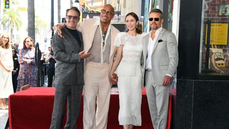 (L-R) Robert Downey Jr., Dwayne Johnson, Emily Blunt and Matt Damon at the Hollywood Walk of Fame Star Ceremony celebrating Emily Blunt and Stanley Tucci in Hollywood, California on April 30, 2026.