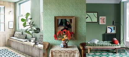 Three examples of green hallway ideas. Green hallway with wooden paneling and plants, green hallway with soane britain wallpaper, green hallway with daybed and artwork on walls