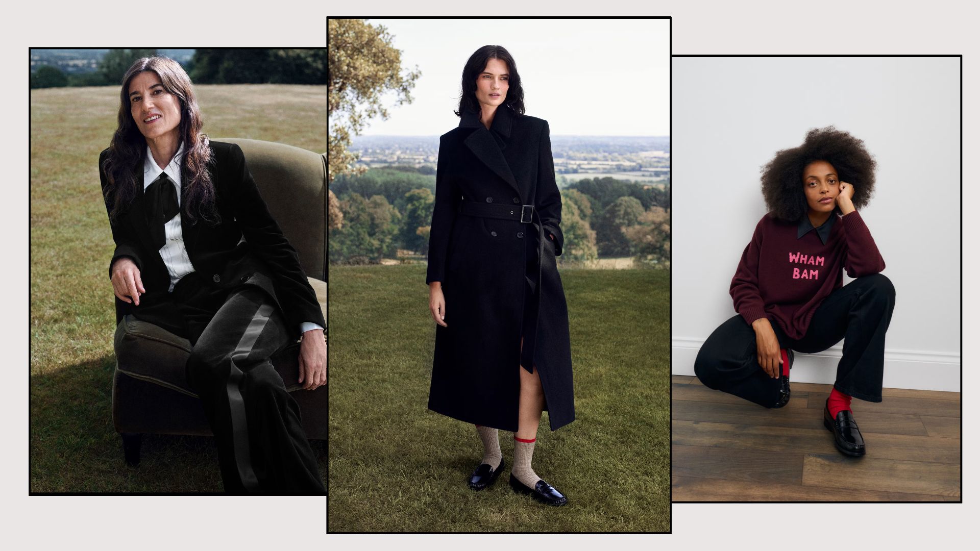 Three women wears pieces from the Bella Freud X M&S Collection