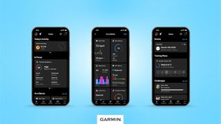 Den nya designen av Garmin Connect visas upp som skärmdumpar på en mobilskärm mot en ljusblå bakgrund.
