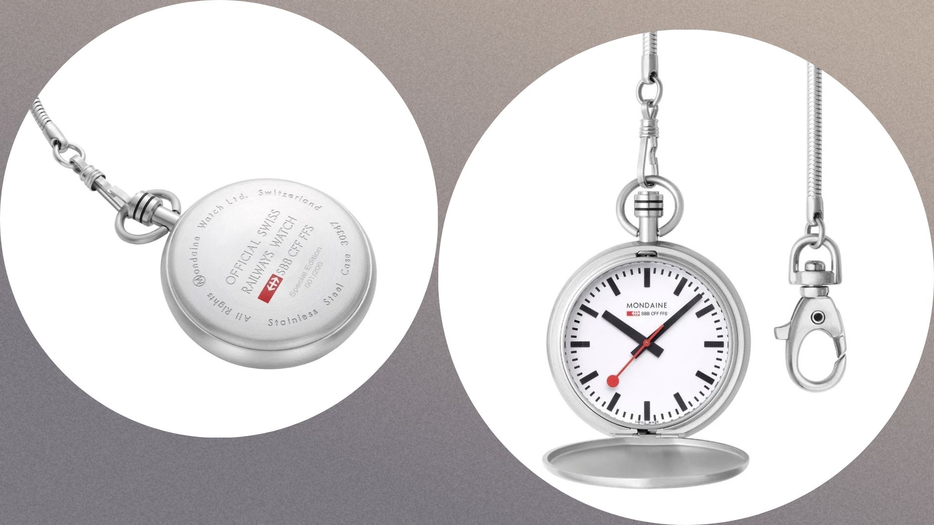 Mondaine limited edition pocket watch from two angles on a grey background. On the left the back of the watch and on the right the front 