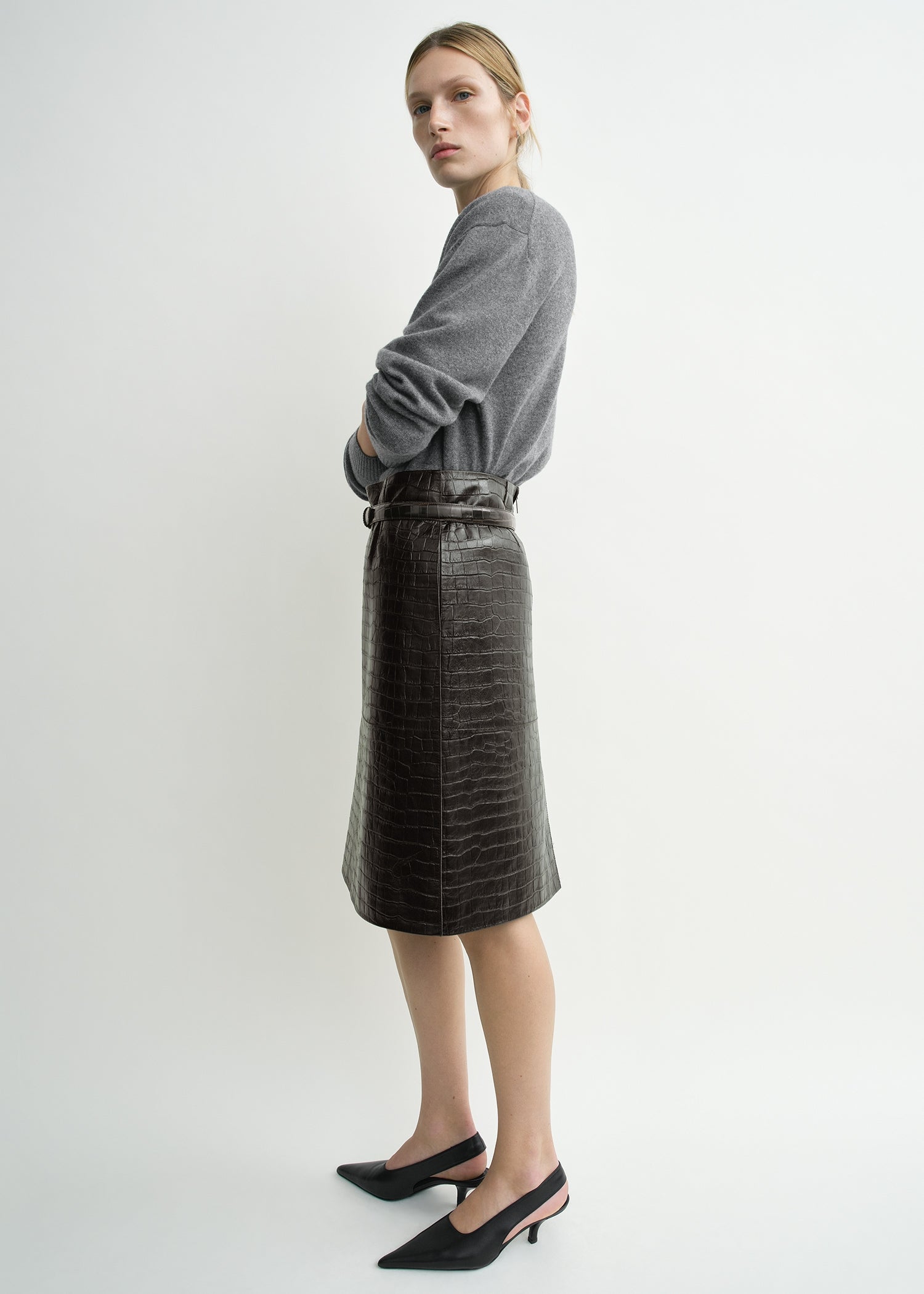 Paneled Croco-Embossed Skirt Dark Brown