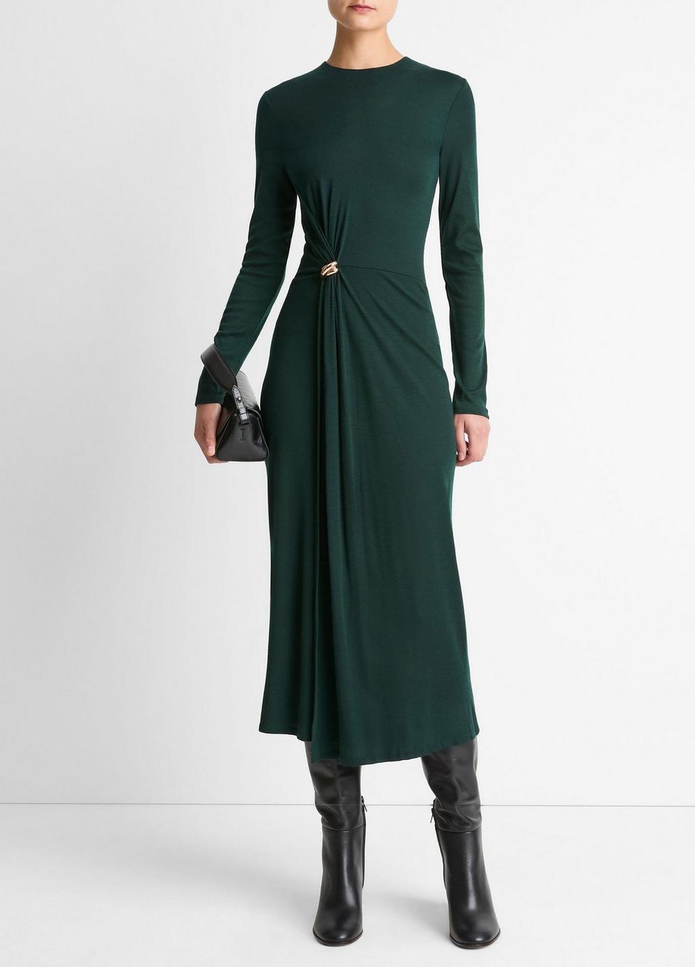 Vince Cinched-Waist Wool-Blend Long-Sleeve Dress