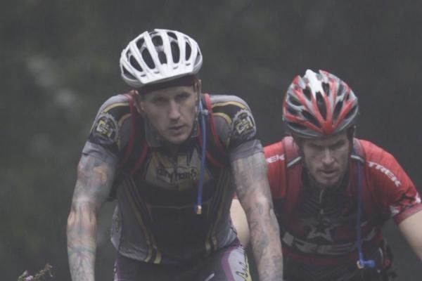 Matt Baily (Trek) catches Rob Spreng (Dirty Harry's) on the Death Climb up Shenandoah Mountain