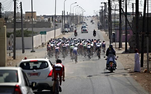 The Tour of Oman peloton in action during stage three.