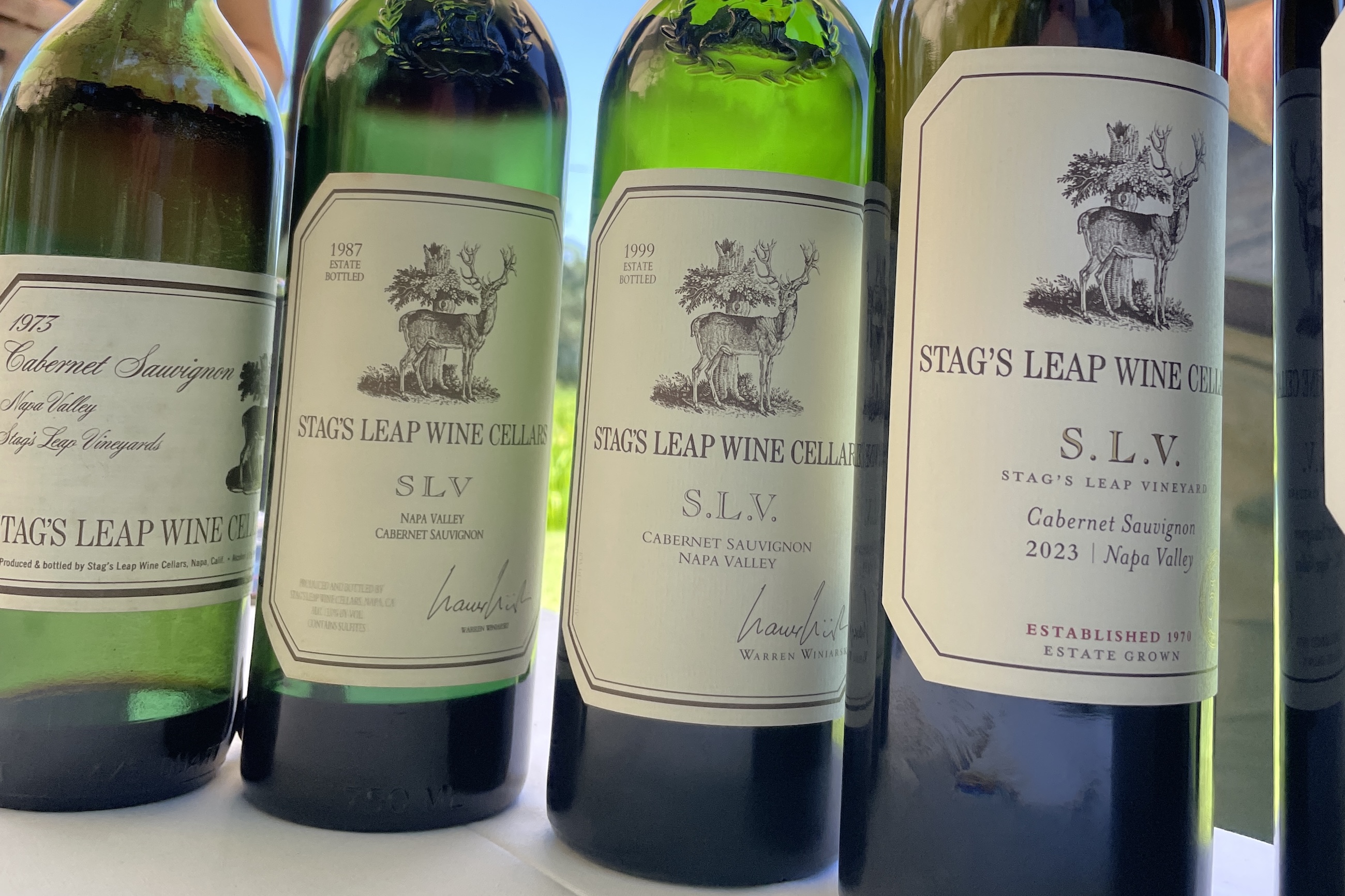 Four bottles of Stag's Leap Wine Cellars S.L.V. Cabernet Sauvignon Napa Valley, including the 1973, 1987, 1999 and 2023 vintages