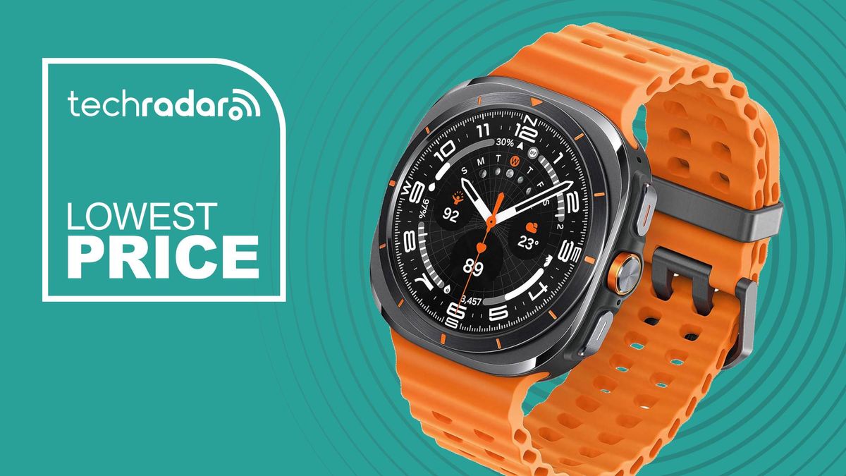 Samsung Galaxy Watch Ultra on teal deals banner reading &quot;lowest price&quot;