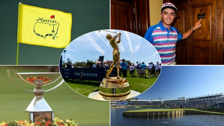 A Masters flag, Rickie Fowler pointing to his locker, the FedEx Cup trophy, 17th hole at TPC Sawgrass and The Players Championship trophy