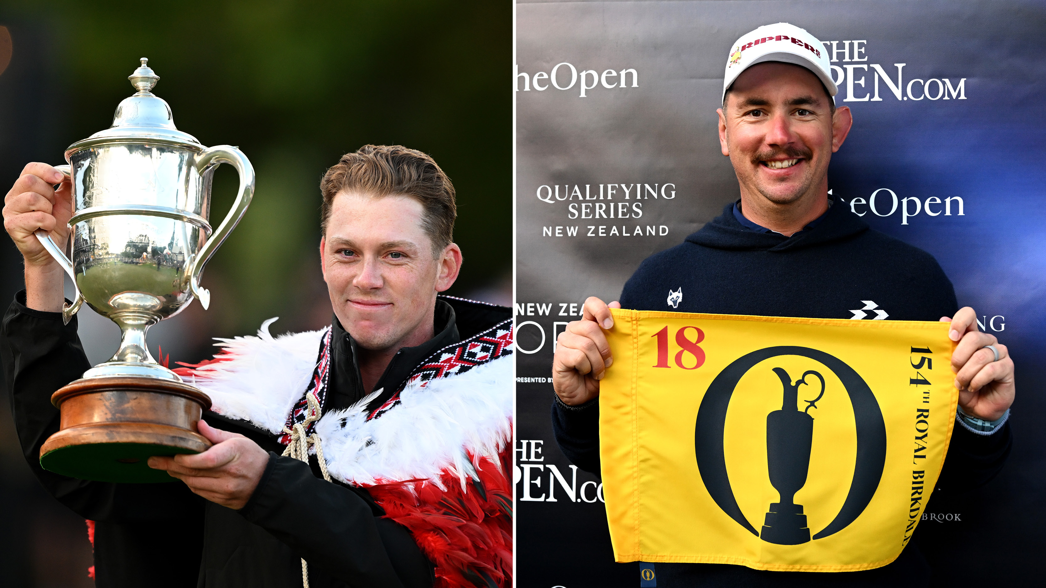 (left) Daniel Hillier lifts up the New Zealand Open trophy after his win in 2026 while (right) Lucas Herbert poses with an Open Championship pin flag