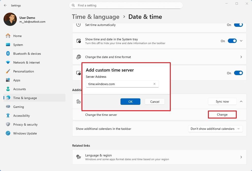 Change time server on Windows 11