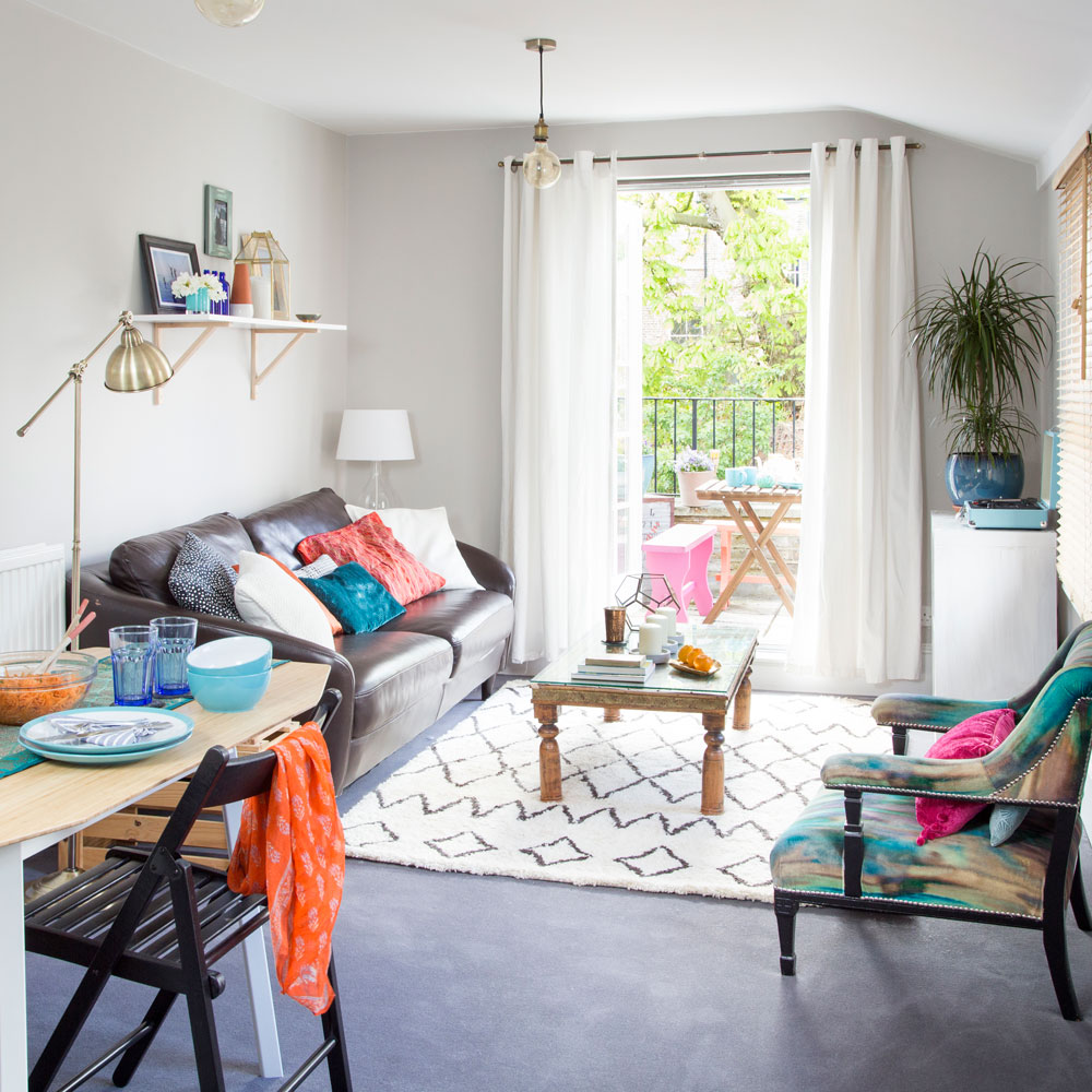 grey living room with balcony