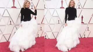 Laura Dern on the Oscars red carpet wearing a white feathered skirt and black top gown