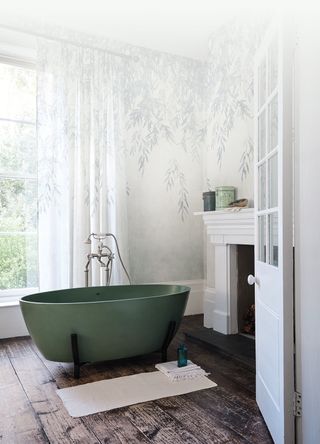 green bath in a white bathroom