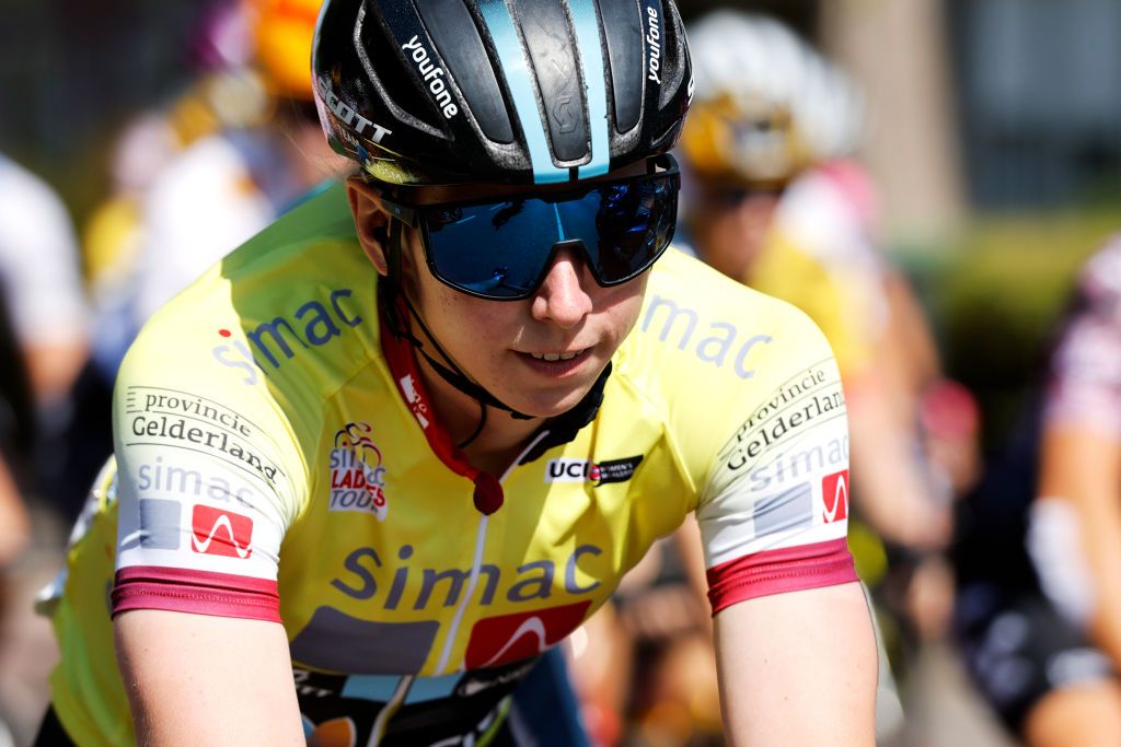LANDGRAAF NETHERLANDS SEPTEMBER 02 Lorena Wiebes of Netherlands and Team DSM Yellow leader jersey prior to the 25th Simac Ladies Tour 2022 Stage 4 a 1352km stage from Landgraaf to Landgraaf SLT2022 UCIWWT on September 02 2022 in Landgraaf Netherlands Photo by Bas CzerwinskiGetty Images