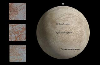 A global view of Europa shows the location of three newly reprocessed detailed images of the icy moon's surface.