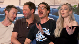 "The Fantastic Four: First Steps" cast animatedly discusses the new marvel movie.