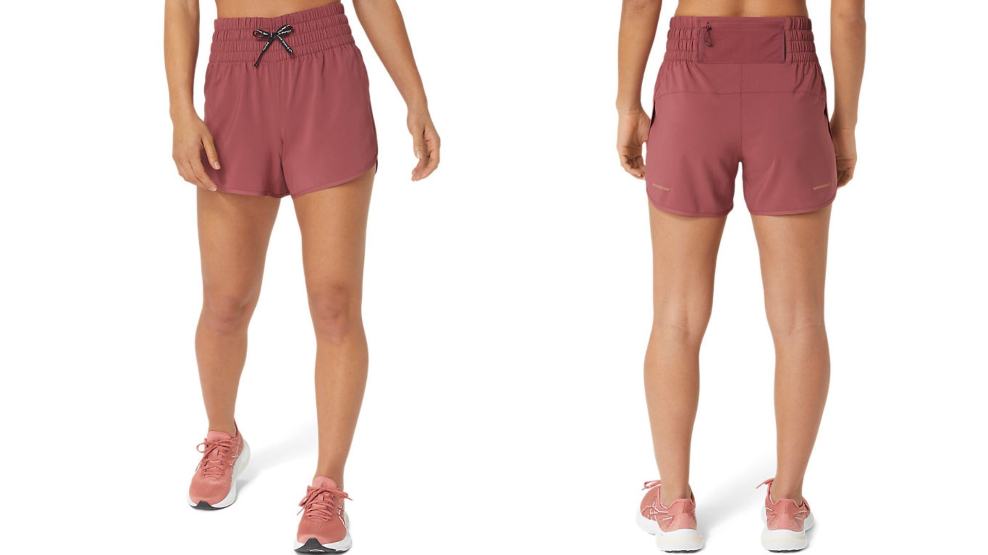 Asics Nagino 4in Run Short in brisket red worn by model, front and back view