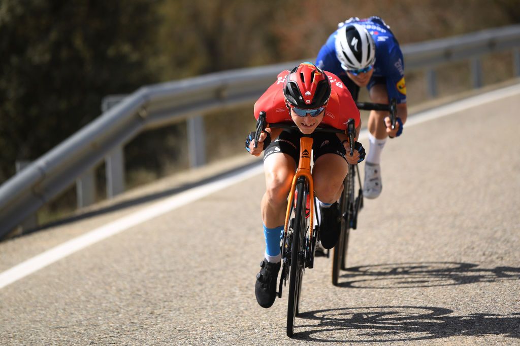MANRESA SPAIN MARCH 26 Matej Mohoric of Slovenia and Team Bahrain Victorious Rmi Cavagna of France and Team Deceuninck QuickStep during the 100th Volta Ciclista a Catalunya 2021 Stage 5 a 2015km stage from La Pobla De Segur to Manresa 220m Breakaway VoltaCatalunya100 on March 26 2021 in Manresa Spain Photo by David RamosGetty Images