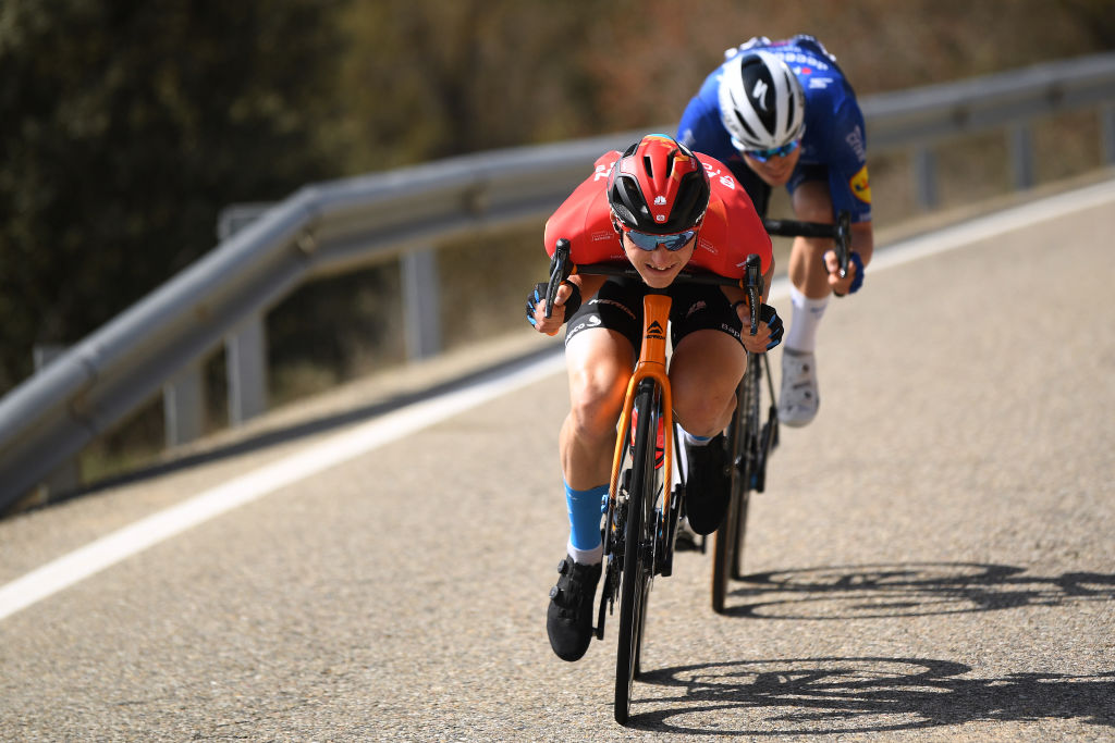 MANRESA SPAIN MARCH 26 Matej Mohoric of Slovenia and Team Bahrain Victorious Rmi Cavagna of France and Team Deceuninck QuickStep during the 100th Volta Ciclista a Catalunya 2021 Stage 5 a 2015km stage from La Pobla De Segur to Manresa 220m Breakaway VoltaCatalunya100 on March 26 2021 in Manresa Spain Photo by David RamosGetty Images