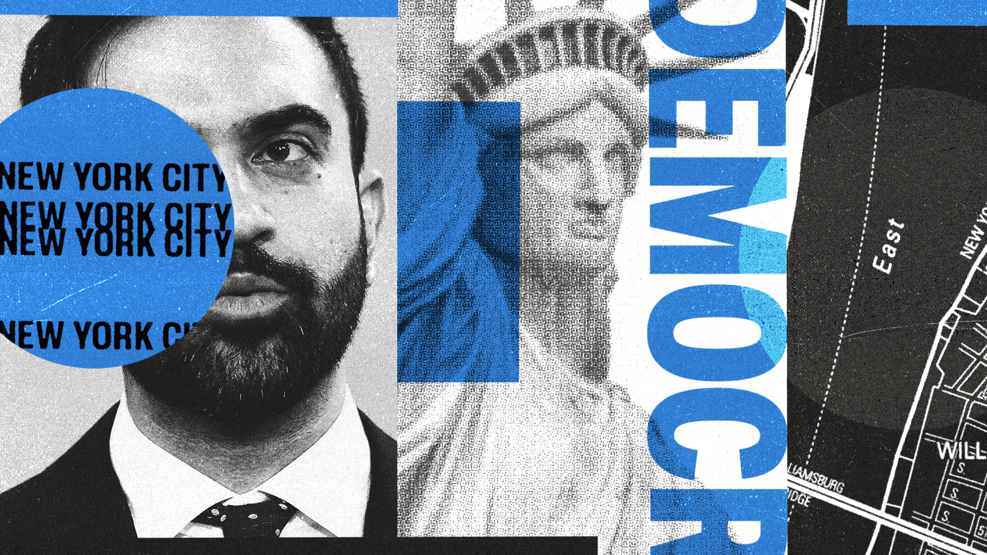 Photo composite illustration of NYC mayoral candidate Zohran Mamdani, the Statue of Liberty and a map of Manhattan