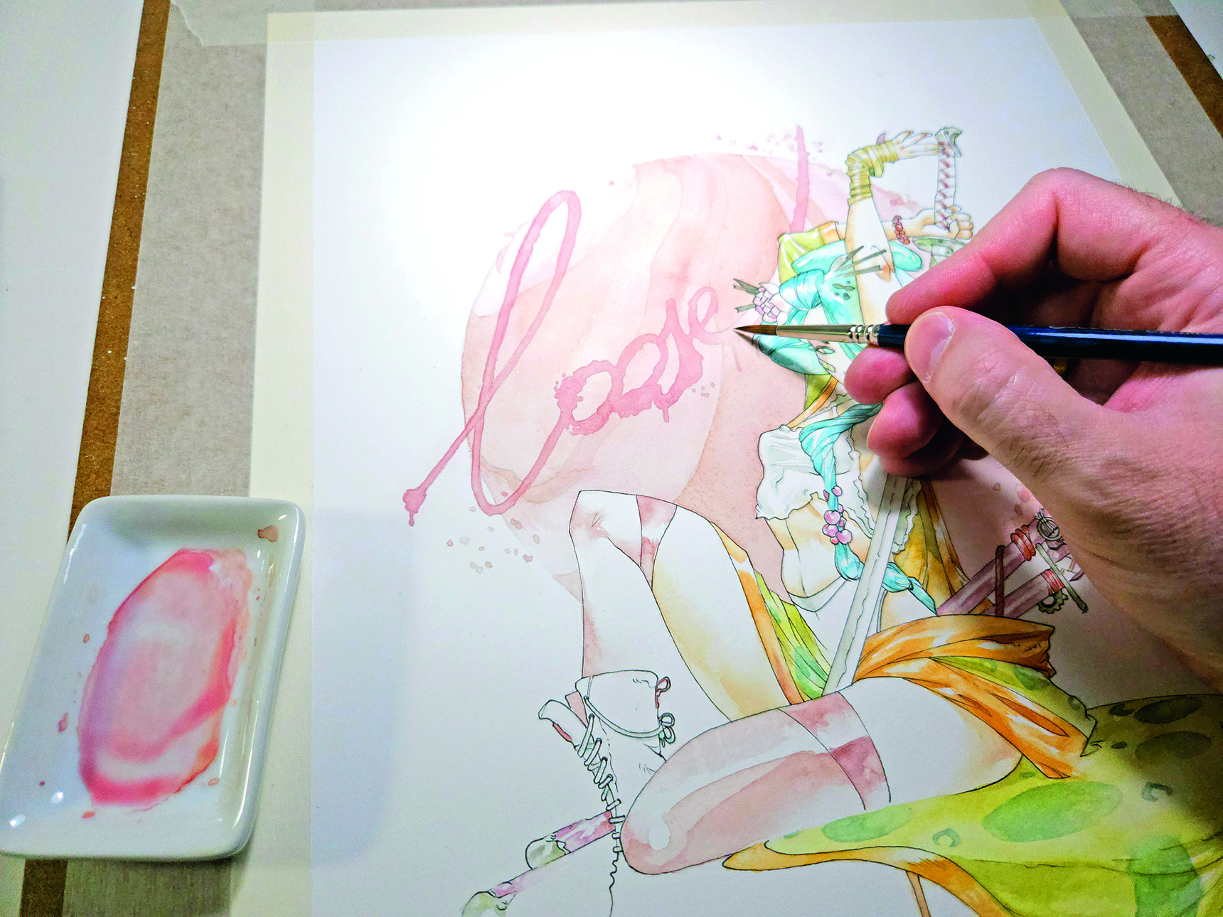 Watercolour geisha; painting pink background