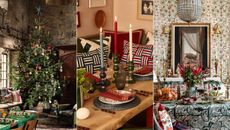 Maximalist Christmas decor ideas. Large christmas tree in traditional dining room. Close up of colorful christmas table. Colorful, patterned dining room.