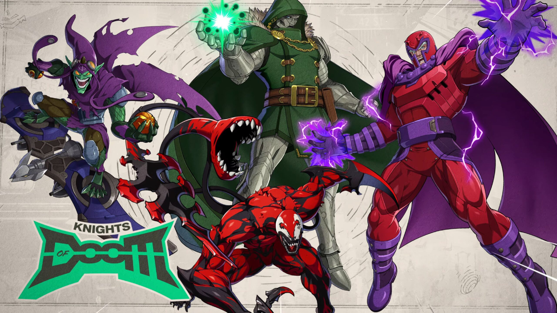 Marvel T&amp;#333;kon: Fighting Souls - Official artwork showcasing the Knights of Doom team, with Doctor Doom, Carnage, Magneto, and Green Goblin.