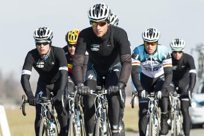 Omega Pharma-Quick Step riders recon the route for Saturday's Omloop Het Nieuwsblad.