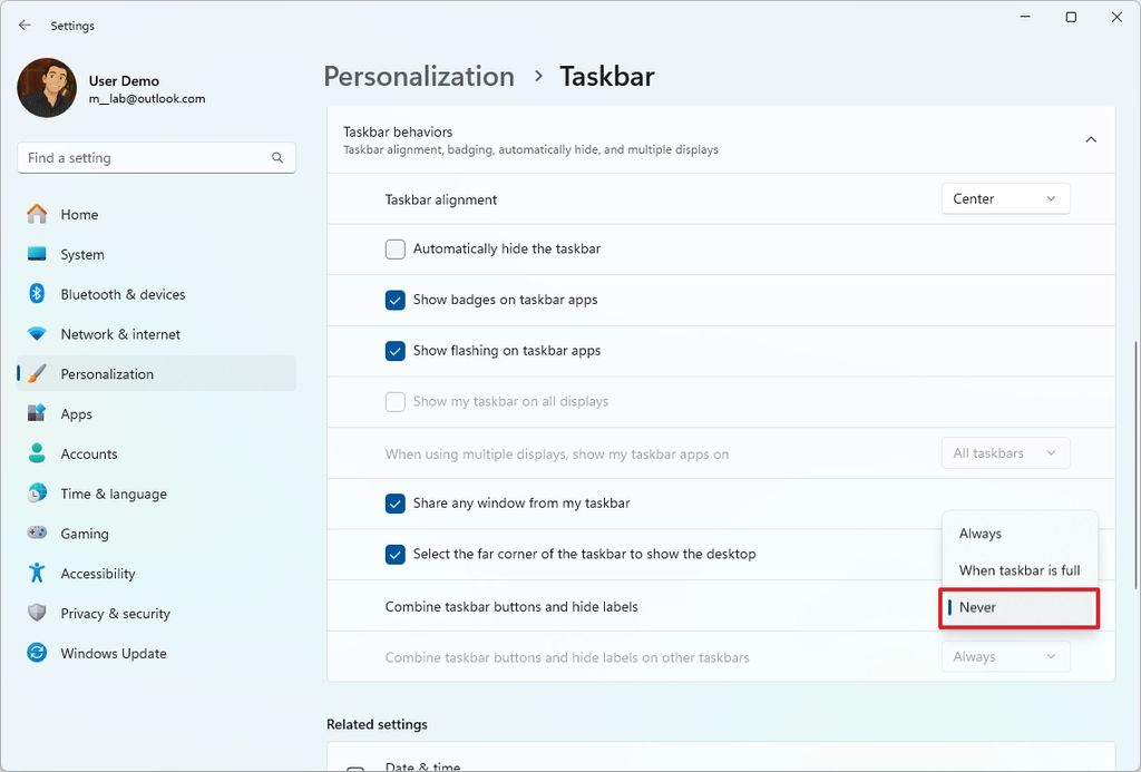Windows 11 show labels in Taskbar