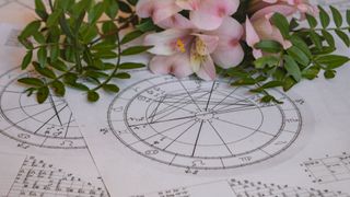 Astrology 2023: Printed astrology charts, pink flowers and green plant branches in the background - stock photo