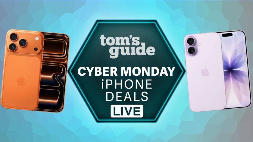 iPhone 17 Pro and iPhone 17 on a teal background with a Tom&#039;s Guide Cyber Monday iPhone Deals Live badge