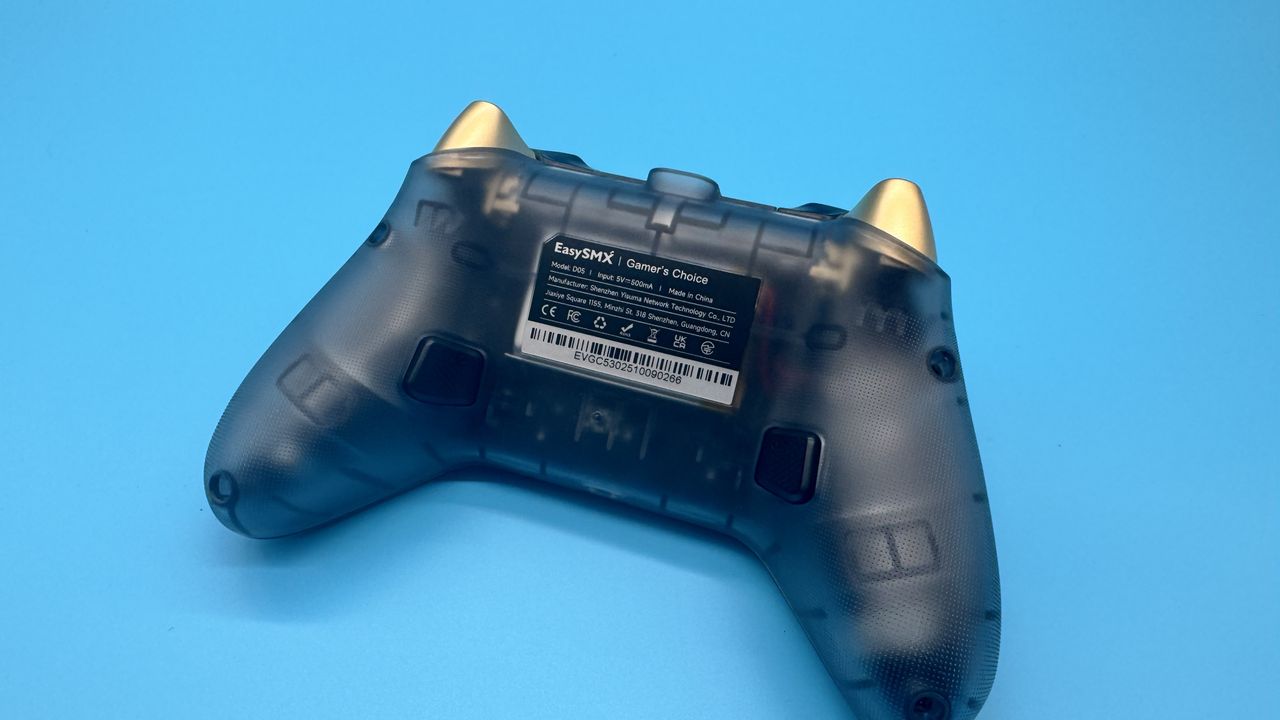 EasySMX D05 black gaming controller from the back on a blue background