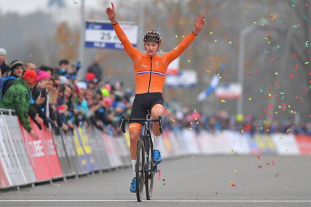 Mathieu van der Poel celebrates his win at the European Cyclo-cross Championships