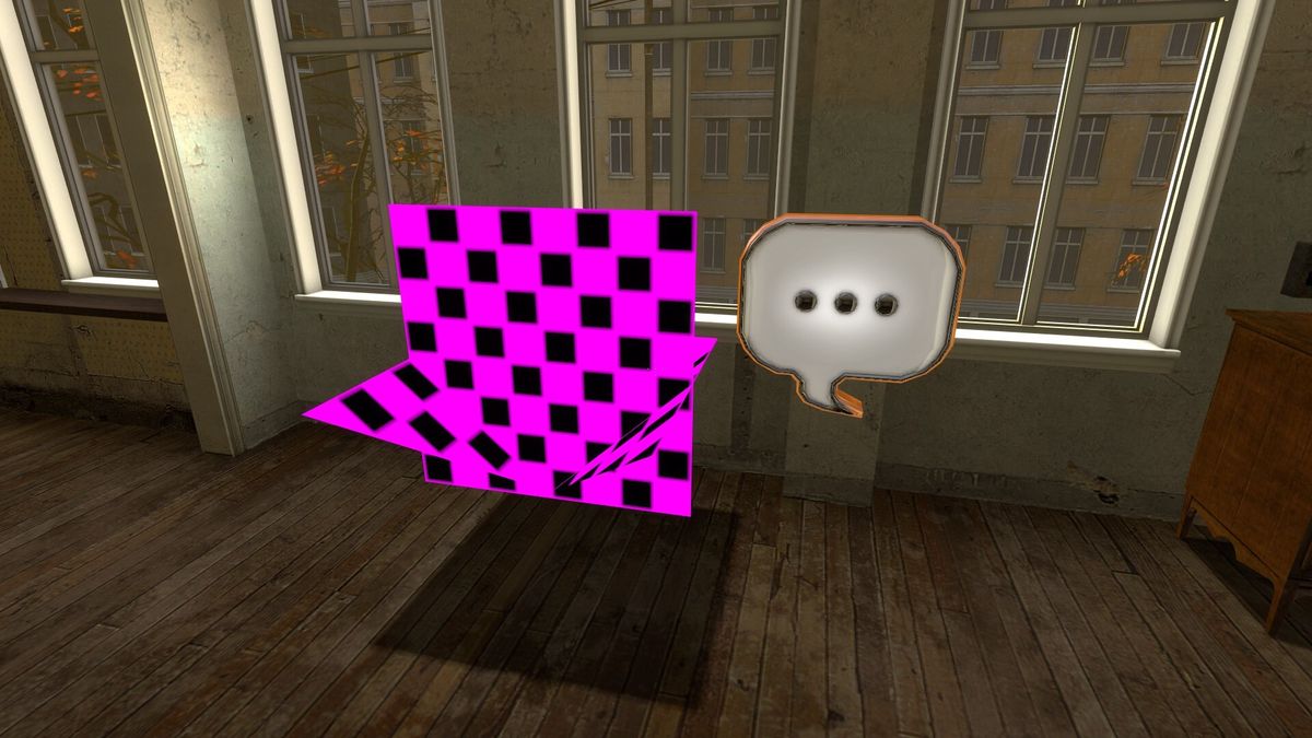 Source engine fuchsia-black checkerboard error texture floating in air next to HL2 dev commentary activation bubble, in the tenements at the beginning of HL2.