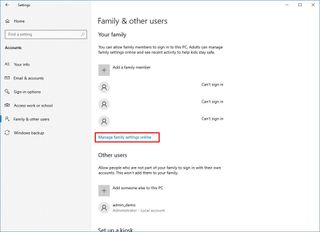 Manage family settings online option on Windows 10