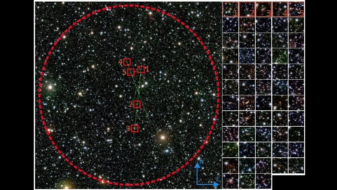 A composite image showing the 58 galaxies clustered together in the &quot;zone of avoidance&quot; behind the Milky Way.