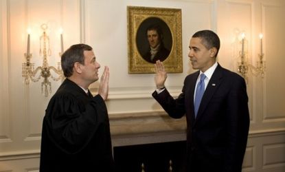 Chief Justice John Roberts administers the oath of office to President Obama in 2009: On June 28, 2012, the conservative judge made the president's day (or year?) by upholding ObamaCare.