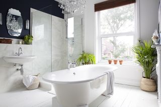 white bathroom with a roll top, shower, marble walls and dark blue paint