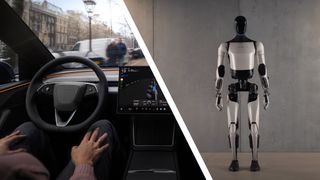 A person in a self-driving Tesla next to the Optimus robot standing in front of a grey background