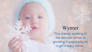 Cute baby name meaning of Wynter with baby touching a snowflake