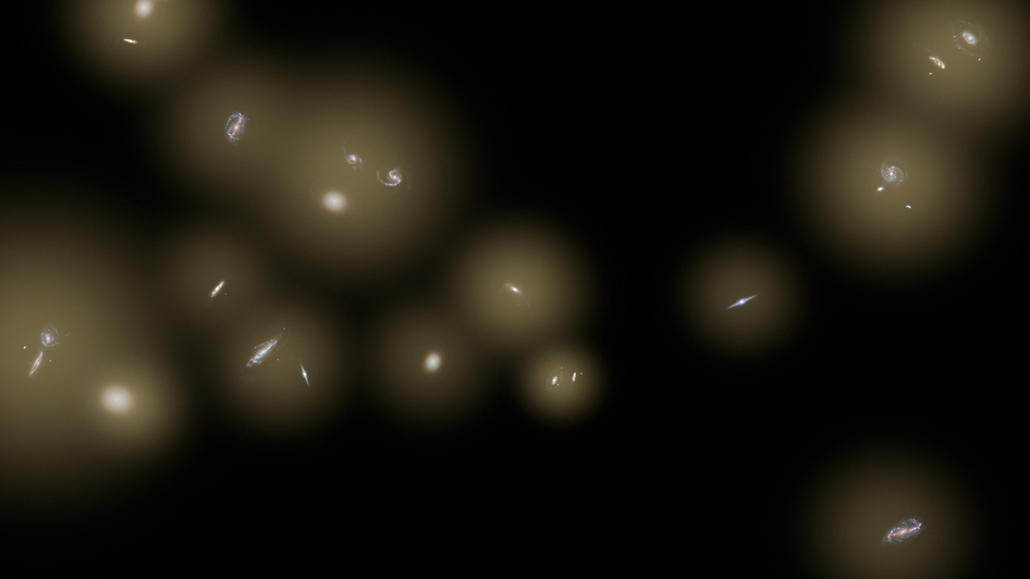 This artist&#039;s concept shows a number of galaxies sitting in huge halos of stars. The stars are too distant to be seen individually and instead are seen as a diffuse glow, colored yellow in this illustration.