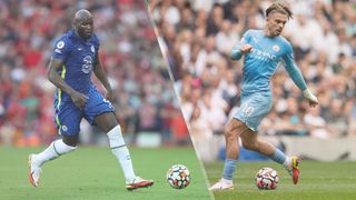 Romelu Lukaku of Chelsea and Jack Grealish of Manchester City