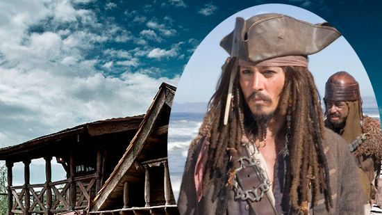 captain jack sparrow with wooden house on pirate island