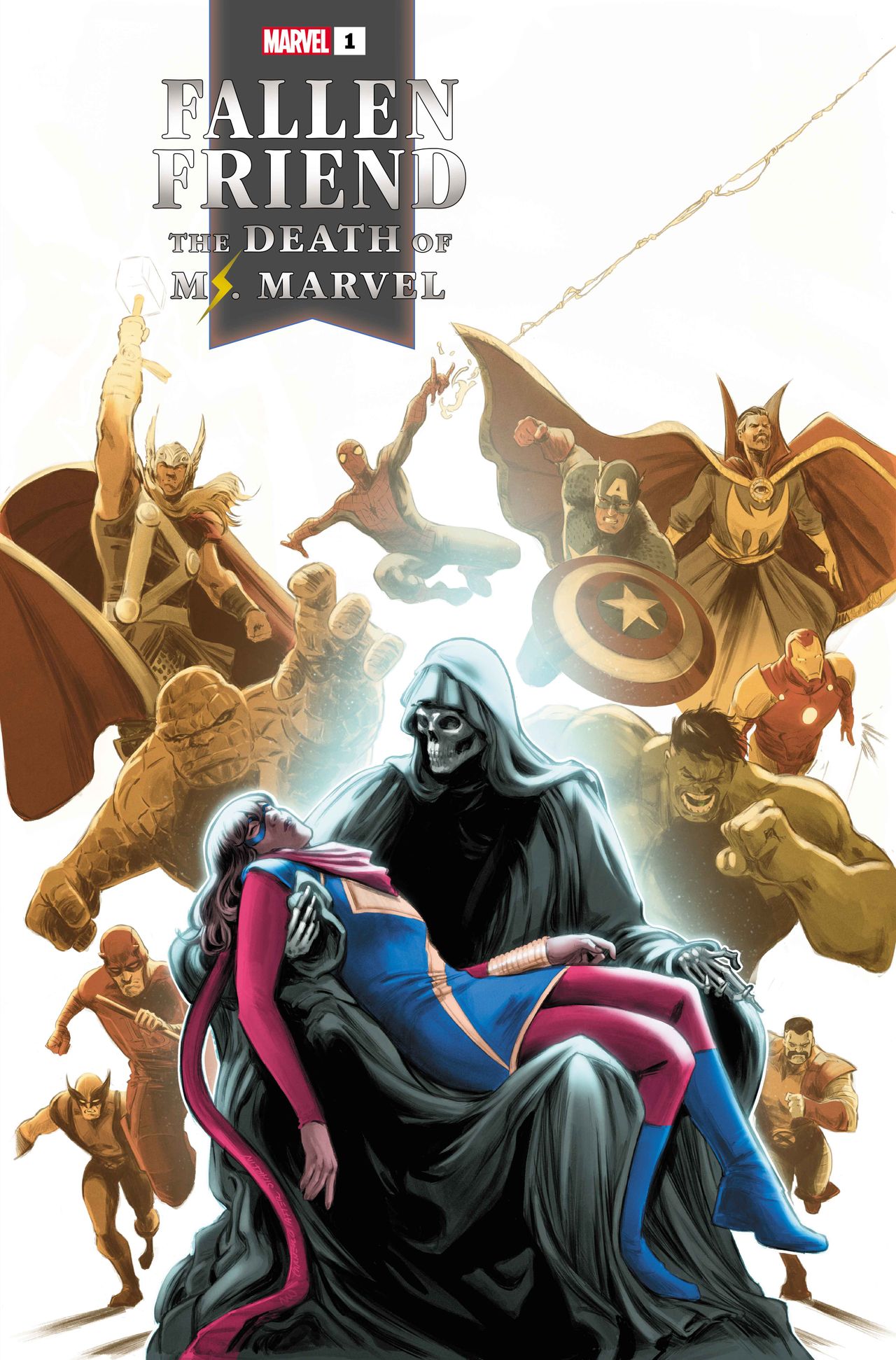 The covers for Fallen Friend: The Death of Ms. Marvel #1.