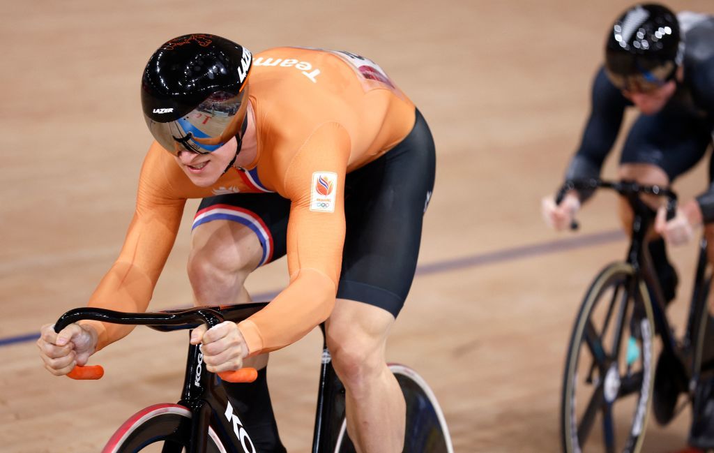 Netherlands Jeffrey Hoogland L and New Zealands Ethan Mitchell compete in a heat of the mens track cycling sprint 132 finals during the Tokyo 2020 Olympic Games at Izu Velodrome in Izu Japan on August 4 2021 Photo by Odd ANDERSEN AFP Photo by ODD ANDERSENAFP via Getty Images